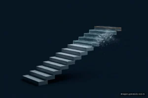 Una escalera de peldaños de piedra gris sube sobre un fondo azul muy oscuro y sus últimos escalones, de cristal translúcido, se deshacen en polvo en el vacío. Imagen generada con IA.