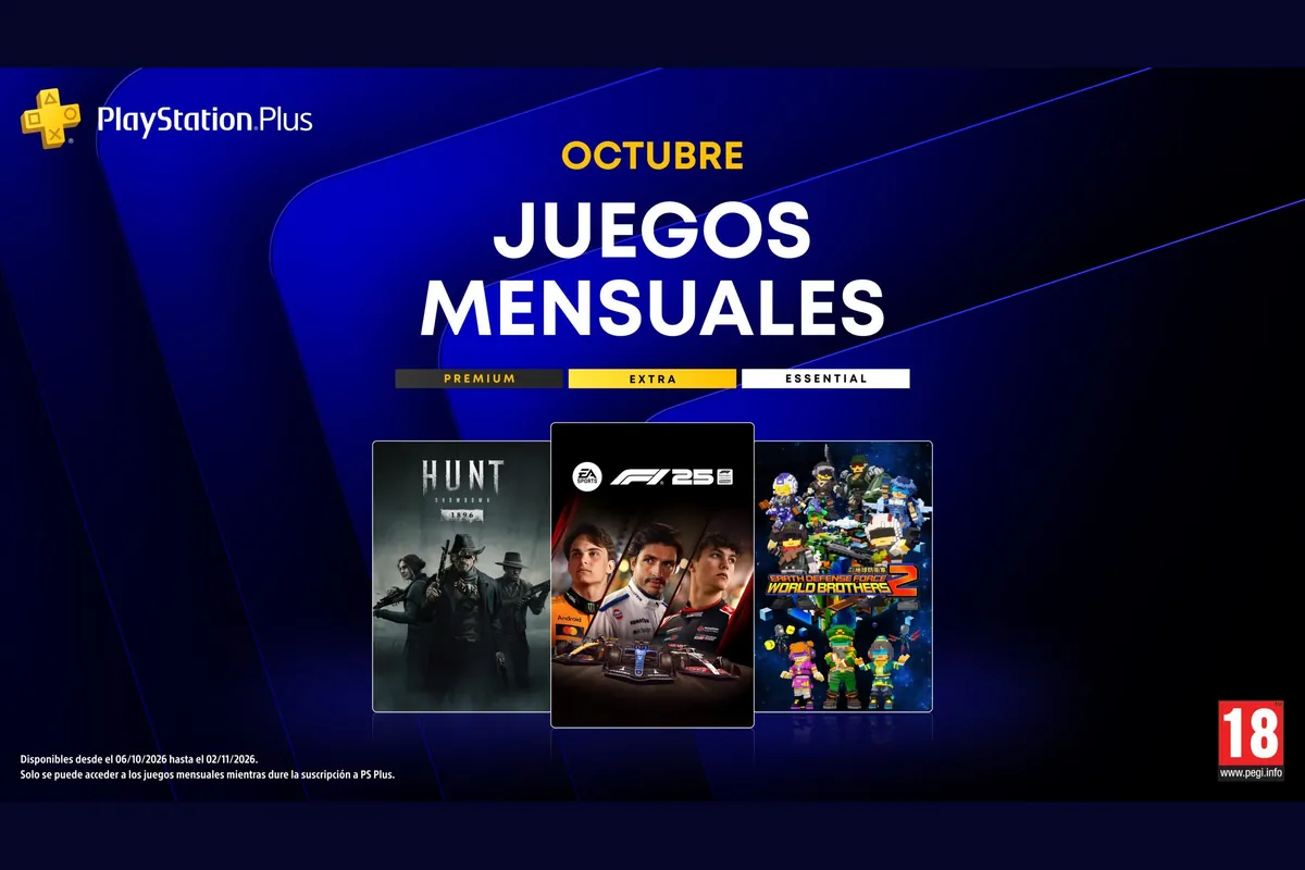 Cartel oficial de los juegos mensuales de PlayStation Plus de octubre con las portadas de Hunt: Showdown 1896, F1 25 y Earth Defense Force: World Brothers 2