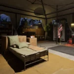 Captura de Quarantine Zone: Miami Zero: una carpa con un catre, cajas, una bandera estadounidense y palmeras al fondo