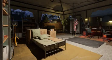 Captura de Quarantine Zone: Miami Zero: una carpa con un catre, cajas, una bandera estadounidense y palmeras al fondo