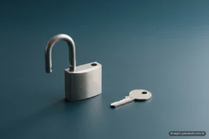 Un candado de acero mate abierto y sin marcas sobre una superficie lisa de color azul petróleo, con una llave plateada sencilla al lado y una luz lateral suave que proyecta sombras largas. Imagen generada con IA.