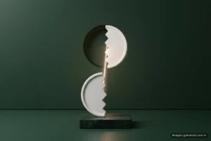 Un medallón de cerámica blanca partido en dos con borde en zigzag: una mitad sobre un pedestal de piedra y la otra encajada en un muro verde, unidas por un hilo de luz. Imagen generada con IA.