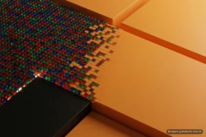 Un mosaico de diminutas teselas de cristal rojas, verdes y azules cubre una superficie negra y, hacia la derecha, se va fundiendo en grandes planchas lisas de color naranja. Imagen generada con IA.