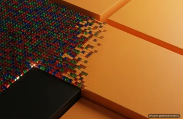 Un mosaico de diminutas teselas de cristal rojas, verdes y azules cubre una superficie negra y, hacia la derecha, se va fundiendo en grandes planchas lisas de color naranja. Imagen generada con IA.