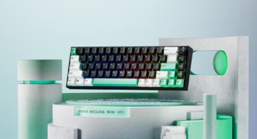 Render del teclado Reclusa Mini 65% en negro, blanco y verde menta con iluminación RGB, sobre peanas grises