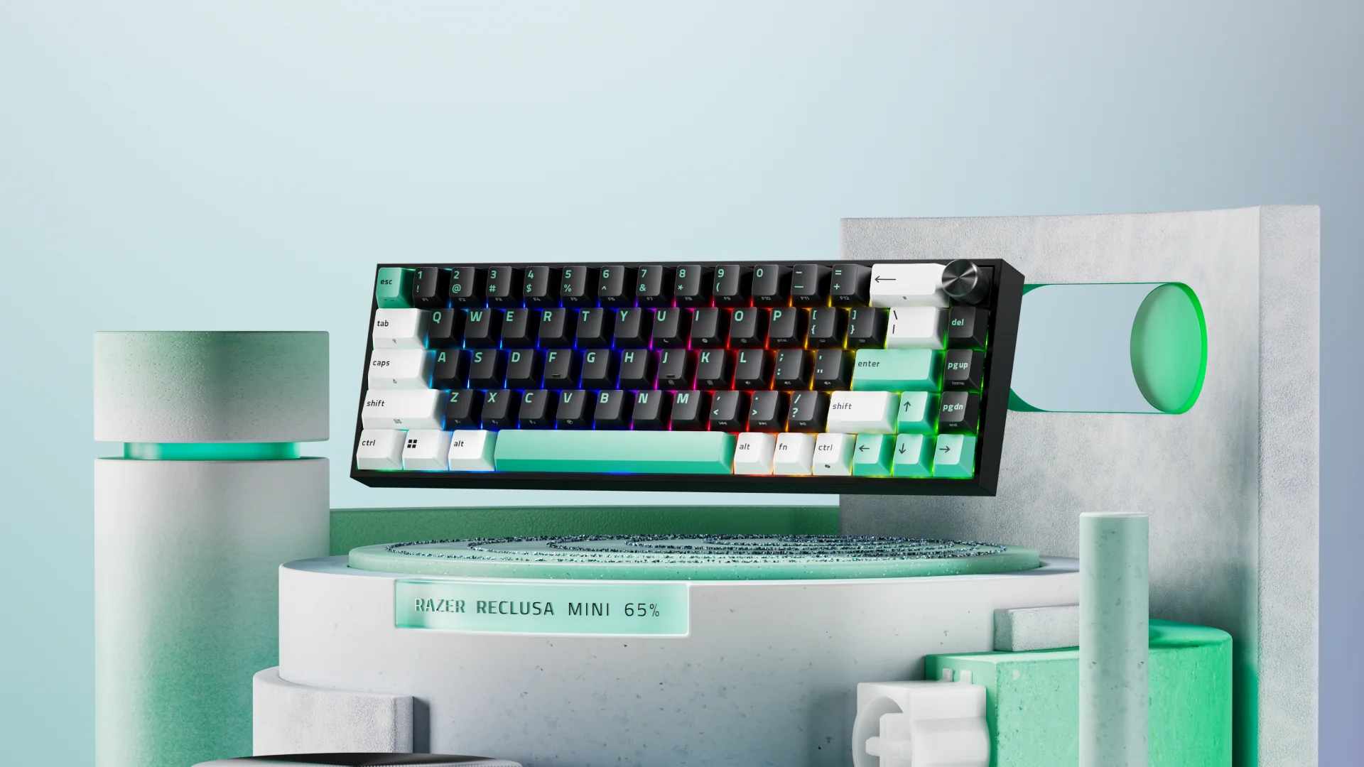 razer-reclusa-mini-65 Render del teclado Reclusa Mini 65% en negro, blanco y verde menta con iluminación RGB, sobre peanas grises