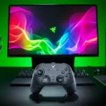 Mando negro Razer Wolverine V4 sobre un escritorio, delante de un monitor con el logotipo de Razer, unos cascos, un teclado, un ratón y una consola Xbox
