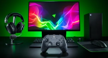 Mando negro Razer Wolverine V4 sobre un escritorio, delante de un monitor con el logotipo de Razer, unos cascos, un teclado, un ratón y una consola Xbox