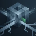 Cubo translúcido de bloques de cristal con un solo bloque iluminado en verde, sobre un fondo oscuro con haces de luz. Imagen generada con IA.