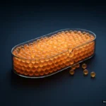 Una bandeja alargada de cristal transparente, llena casi hasta el borde de pequeñas esferas que brillan con luz ámbar, sobre una superficie azul oscura; unas pocas esferas se han salido y ruedan a su lado. Imagen generada con IA.