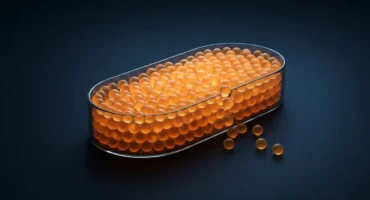 Una bandeja alargada de cristal transparente, llena casi hasta el borde de pequeñas esferas que brillan con luz ámbar, sobre una superficie azul oscura; unas pocas esferas se han salido y ruedan a su lado. Imagen generada con IA.