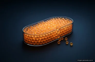 Una bandeja alargada de cristal transparente, llena casi hasta el borde de pequeñas esferas que brillan con luz ámbar, sobre una superficie azul oscura; unas pocas esferas se han salido y ruedan a su lado. Imagen generada con IA.