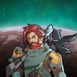 Ilustración oficial de RimWorld: un colono pelirrojo con traje espacial y un fusil al hombro, con un cuervo, ante un planeta rojizo y asteroides