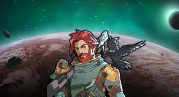 Ilustración oficial de RimWorld: un colono pelirrojo con traje espacial y un fusil al hombro, con un cuervo, ante un planeta rojizo y asteroides