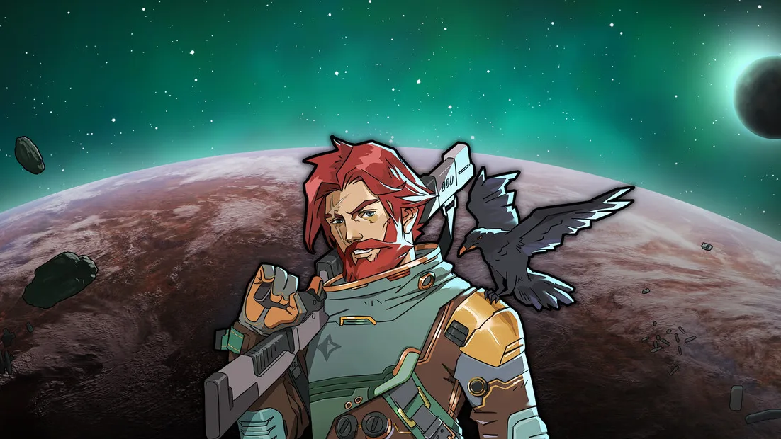 rimworld-waylith Ilustración oficial de RimWorld: un colono pelirrojo con traje espacial y un fusil al hombro, con un cuervo, ante un planeta rojizo y asteroides