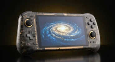 Consola portátil de carcasa negra translúcida con la estructura interna dorada a la vista y una galaxia en la pantalla. Imagen generada con IA.
