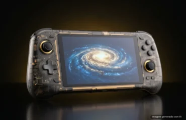 rog-xbox-ally-x20 Consola portátil de carcasa negra translúcida con la estructura interna dorada a la vista y una galaxia en la pantalla. Imagen generada con IA.