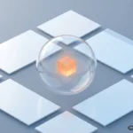 Una gran burbuja translúcida e irisada flota sobre un fondo gris azulado y encierra un pequeño cubo de luz naranja; a su alrededor, varios rectángulos planos blancos y azul pálido, lisos, quedan fuera de ella, ordenados e intactos. Imagen generada con IA.
