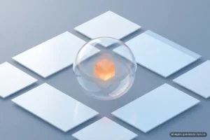 Una gran burbuja translúcida e irisada flota sobre un fondo gris azulado y encierra un pequeño cubo de luz naranja; a su alrededor, varios rectángulos planos blancos y azul pálido, lisos, quedan fuera de ella, ordenados e intactos. Imagen generada con IA.