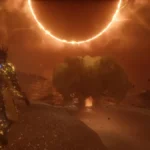 Captura de Saros: Arjun, con corona y armadura dorada, camina bajo un eclipse