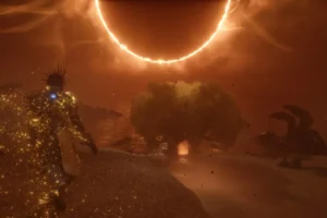 Captura de Saros: Arjun, con corona y armadura dorada, camina bajo un eclipse