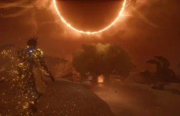 saros-zenith-corona Captura de Saros: Arjun, con corona y armadura dorada, camina bajo un eclipse