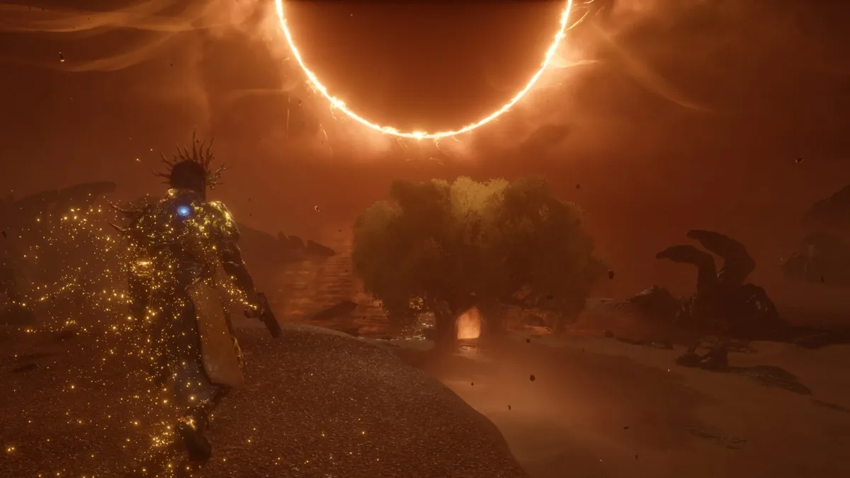 saros-zenith-corona Captura de Saros: Arjun, con corona y armadura dorada, camina bajo un eclipse