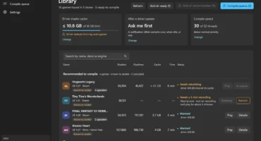 Captura de la biblioteca de SCSKiller en Windows: lista de juegos con sus shaders, tamaño en caché, tiempo de compilación, estado y botón para jugar