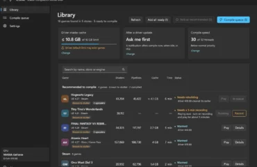scskiller-biblioteca Captura de la biblioteca de SCSKiller en Windows: lista de juegos con sus shaders, tamaño en caché, tiempo de compilación, estado y botón para jugar