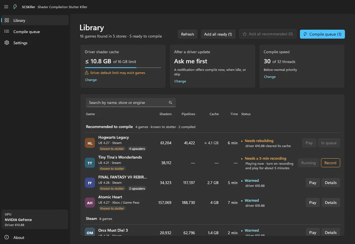 scskiller-biblioteca Captura de la biblioteca de SCSKiller en Windows: lista de juegos con sus shaders, tamaño en caché, tiempo de compilación, estado y botón para jugar