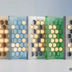 Cinco paneles verticales con celdas hexagonales, uno junto a otro sobre una superficie clara y un fondo gris azulado, cada uno de un material distinto: madera clara, cristal azulado, metal cepillado, resina verde translúcida y piedra gris; muchas celdas guardan una luz cálida. Imagen generada con IA.