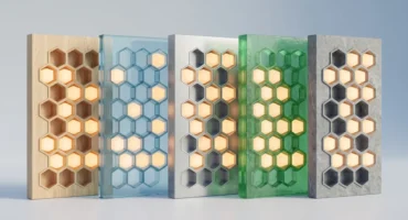 Cinco paneles verticales con celdas hexagonales, uno junto a otro sobre una superficie clara y un fondo gris azulado, cada uno de un material distinto: madera clara, cristal azulado, metal cepillado, resina verde translúcida y piedra gris; muchas celdas guardan una luz cálida. Imagen generada con IA.