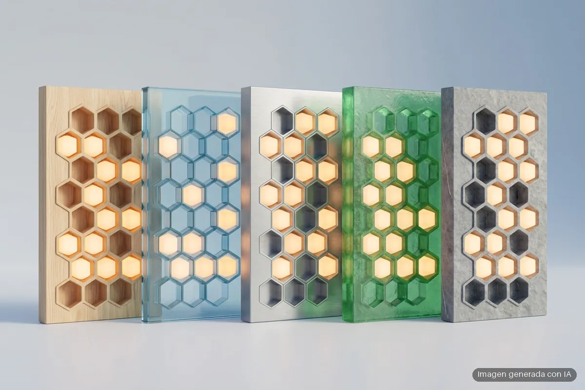 sistemas-archivos-comparados-ntfs-ext4-apfs-btrfs-zfs Cinco paneles verticales con celdas hexagonales, uno junto a otro sobre una superficie clara y un fondo gris azulado, cada uno de un material distinto: madera clara, cristal azulado, metal cepillado, resina verde translúcida y piedra gris; muchas celdas guardan una luz cálida. Imagen generada con IA.