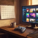 Calendario de pared en blanco junto a un monitor con portadas de juegos desenfocadas y un mando. Imagen generada con IA.