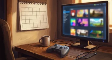 Calendario de pared en blanco junto a un monitor con portadas de juegos desenfocadas y un mando. Imagen generada con IA.