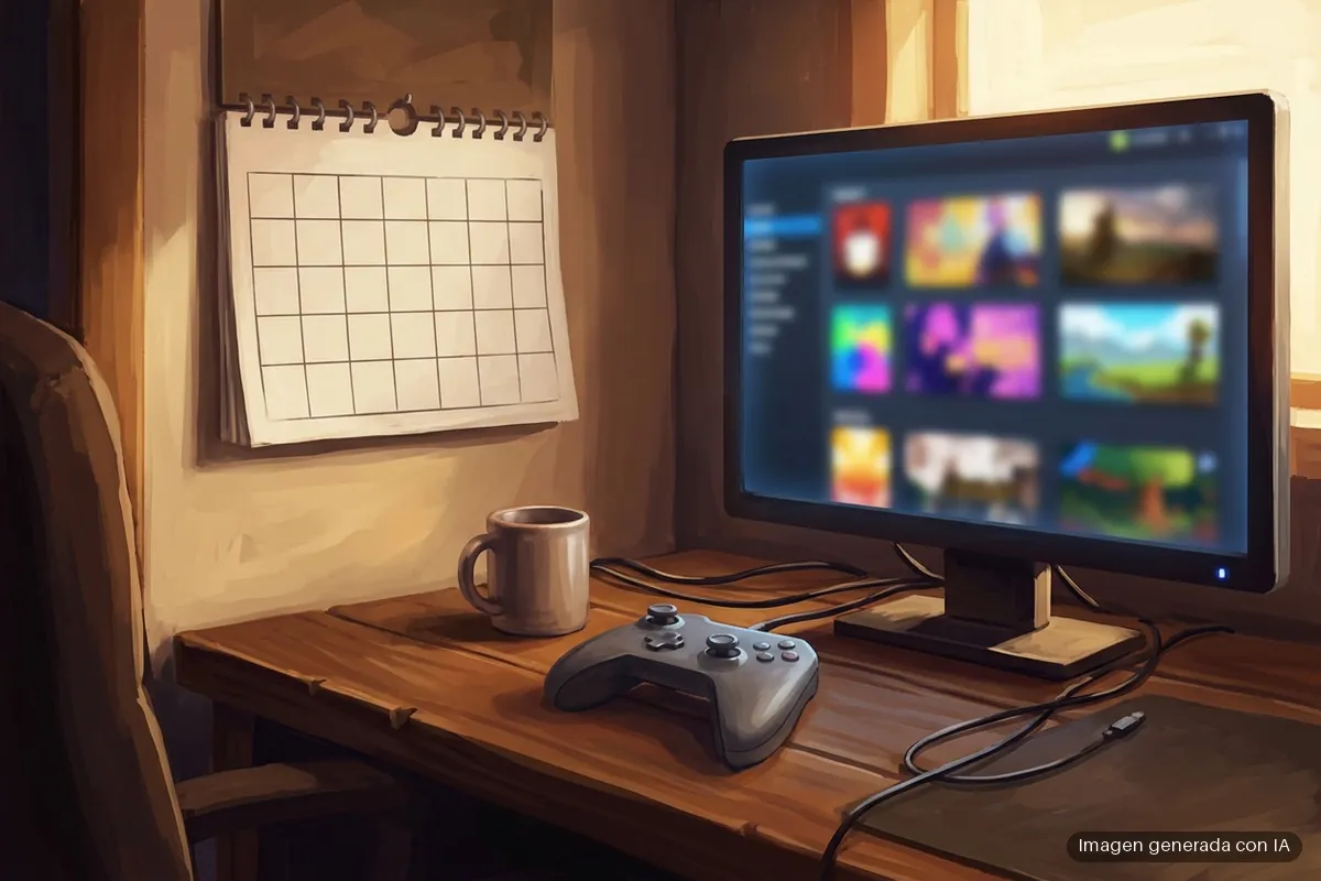 steam-calendario-personal Calendario de pared en blanco junto a un monitor con portadas de juegos desenfocadas y un mando. Imagen generada con IA.