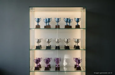 Vitrina de cristal iluminada con tres baldas de trofeos de copa, azules arriba, plateados en medio y morados abajo, con un hueco libre. Imagen generada con IA.