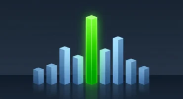 Columnas de luz azul de alturas distintas sobre una superficie oscura y reflectante, con una columna verde en el centro mucho más alta. Imagen generada con IA.