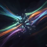 Estelas de luz verde, azul, naranja y violeta cruzan en diagonal un fondo oscuro y, en el centro, se rompen en fragmentos de cristal facetado que quedan suspendidos en el aire. Imagen generada con IA.