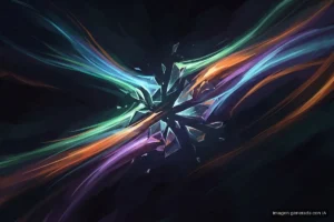 Estelas de luz verde, azul, naranja y violeta cruzan en diagonal un fondo oscuro y, en el centro, se rompen en fragmentos de cristal facetado que quedan suspendidos en el aire. Imagen generada con IA.
