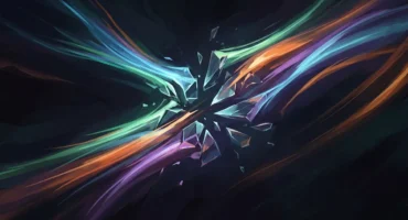 Estelas de luz verde, azul, naranja y violeta cruzan en diagonal un fondo oscuro y, en el centro, se rompen en fragmentos de cristal facetado que quedan suspendidos en el aire. Imagen generada con IA.
