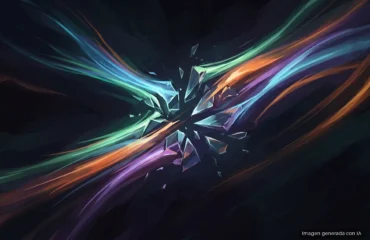stutter-compilacion-shaders-por-que-ocurre Estelas de luz verde, azul, naranja y violeta cruzan en diagonal un fondo oscuro y, en el centro, se rompen en fragmentos de cristal facetado que quedan suspendidos en el aire. Imagen generada con IA.