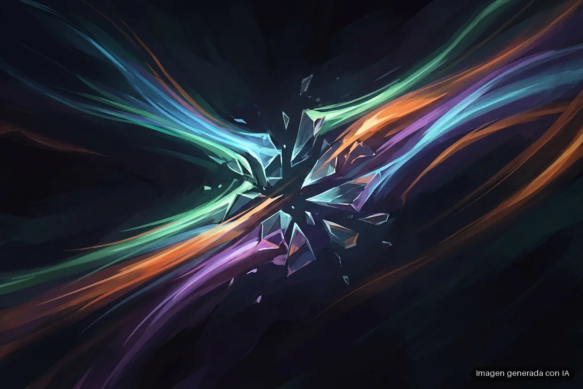 stutter-compilacion-shaders-por-que-ocurre Estelas de luz verde, azul, naranja y violeta cruzan en diagonal un fondo oscuro y, en el centro, se rompen en fragmentos de cristal facetado que quedan suspendidos en el aire. Imagen generada con IA.