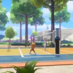 Captura de Nintendo Switch Sports Resort: partido de voleibol de dos contra dos en una pista al aire libre entre árboles