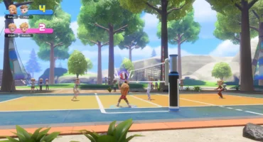 Captura de Nintendo Switch Sports Resort: partido de voleibol de dos contra dos en una pista al aire libre entre árboles