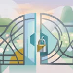 Verja de hierro entre dos jardines con la puerta entreabierta y un candado colgando del cerrojo al amanecer. Imagen generada con IA.