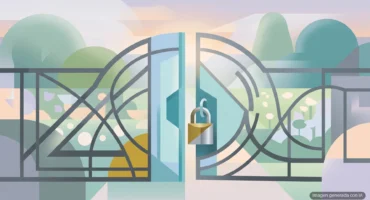 Verja de hierro entre dos jardines con la puerta entreabierta y un candado colgando del cerrojo al amanecer. Imagen generada con IA.