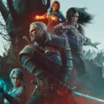 Ilustración oficial de The Witcher 3 Remastered con Geralt de Rivia espada en mano, otros personajes del juego detrás y un árbol seco y una luna pálida al fondo
