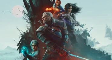Ilustración oficial de The Witcher 3 Remastered con Geralt de Rivia espada en mano, otros personajes del juego detrás y un árbol seco y una luna pálida al fondo