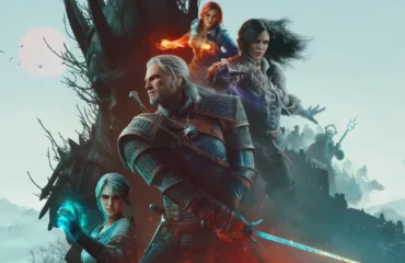 the-witcher-3-remastered-parche-5-01 Ilustración oficial de The Witcher 3 Remastered con Geralt de Rivia espada en mano, otros personajes del juego detrás y un árbol seco y una luna pálida al fondo